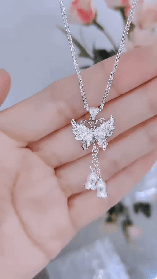 Double Layer Chain Necklace Butterfly Pendant Sterling Silver Zircon Jewelry