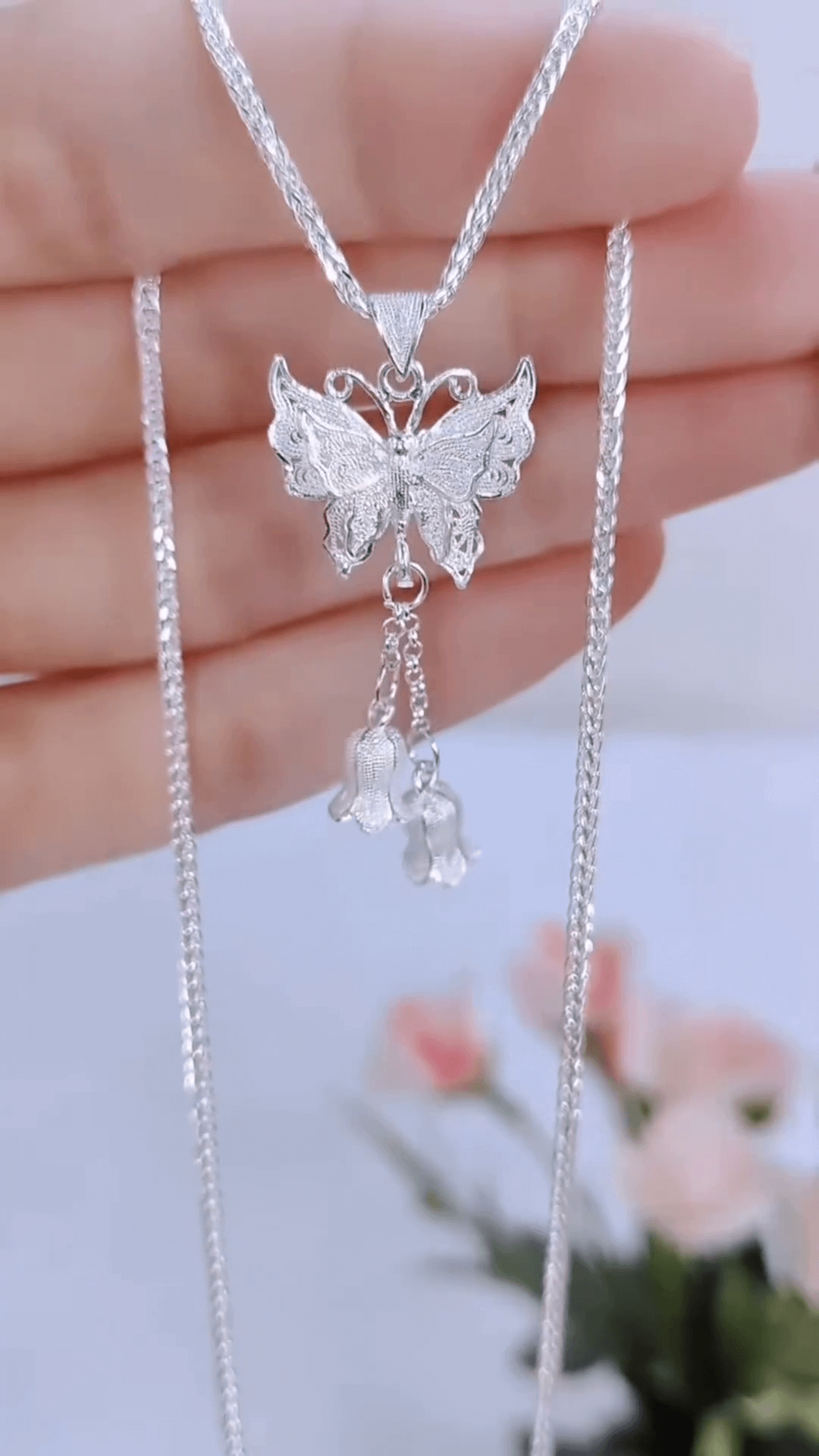 Double Layer Chain Necklace Butterfly Pendant Sterling Silver Zircon Jewelry