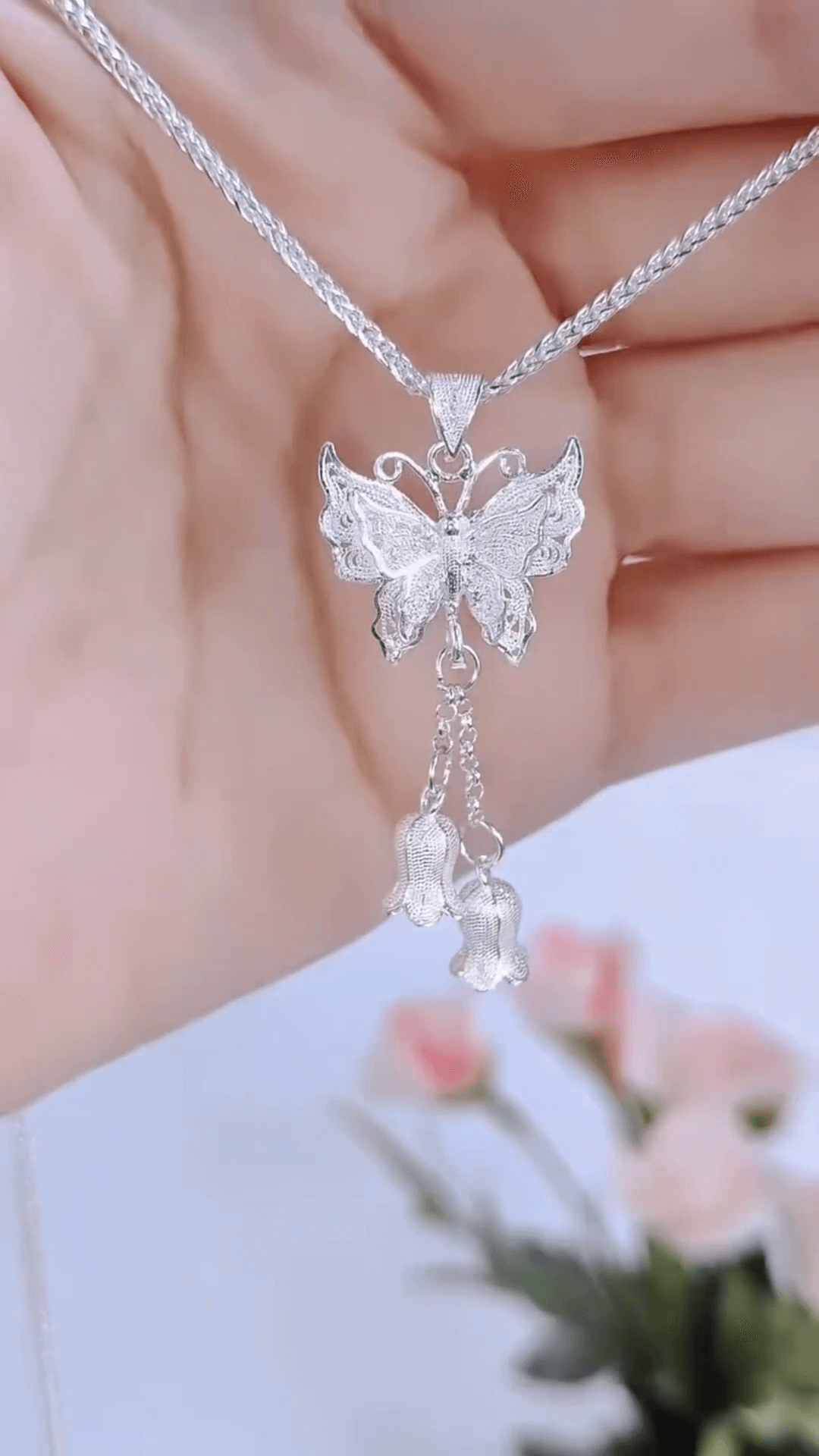 Double Layer Chain Necklace Butterfly Pendant Sterling Silver Zircon Jewelry